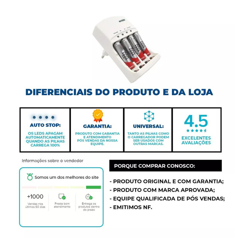 CARREGADOR DE PILHA C/ PILHAS - PALITO AAA E COMUM AA