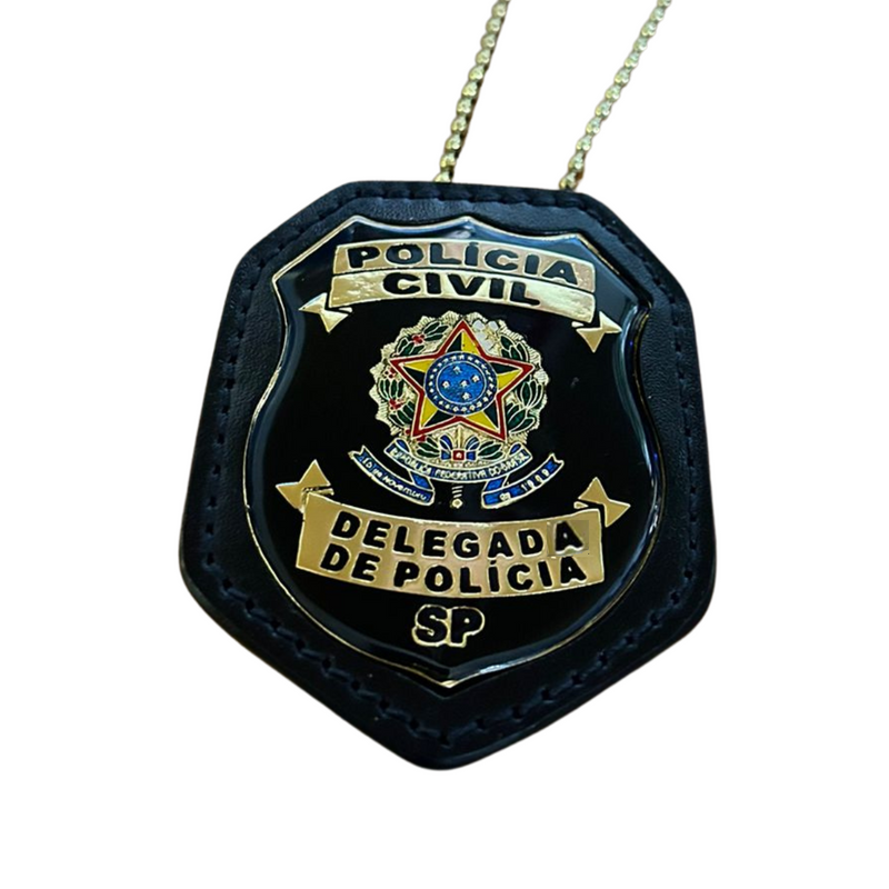 DISTINTIVO DELEGADA / SP PRETO + SUPORTE  + CORRENTE